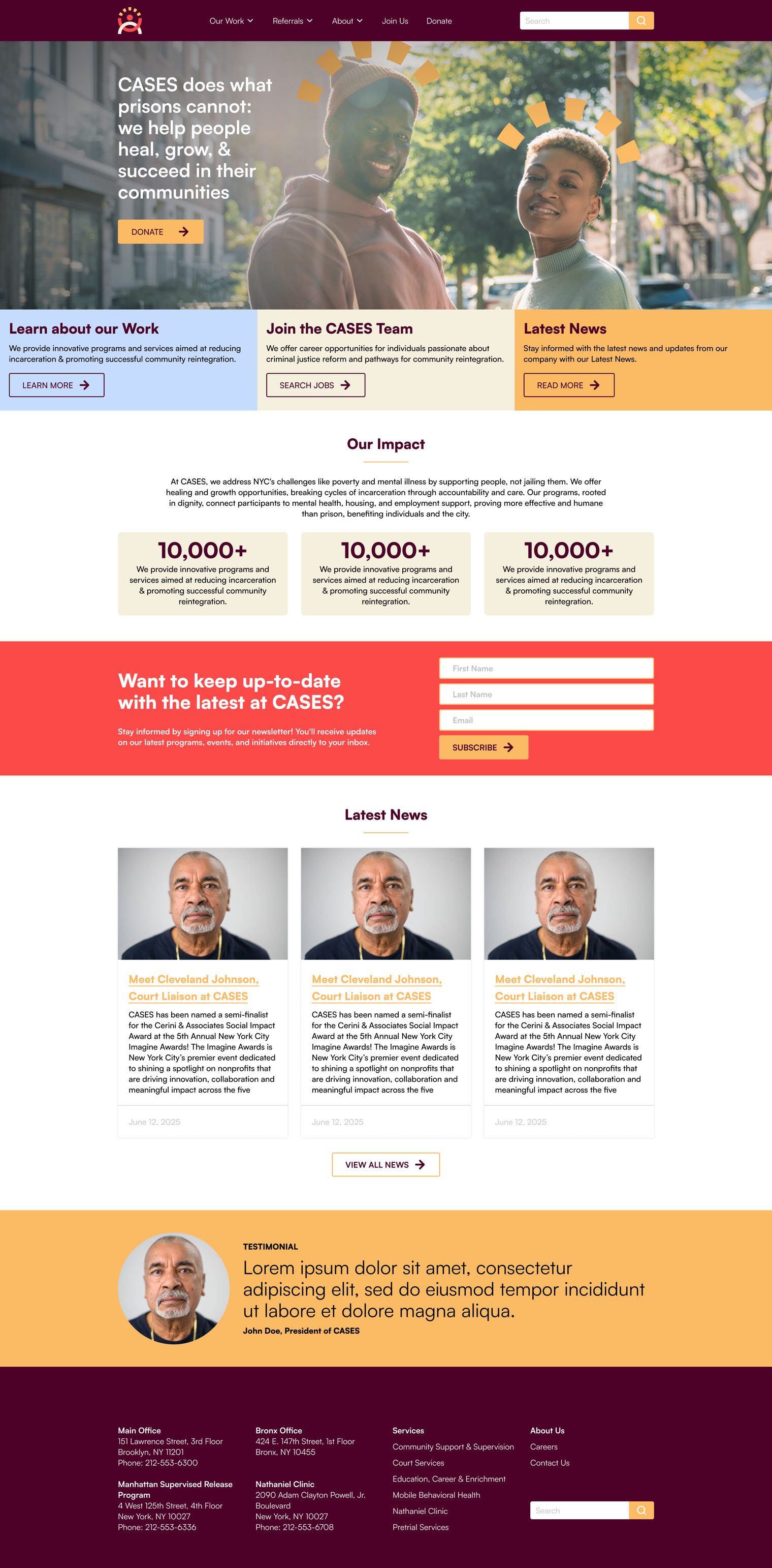 Full-length redesigned CASES home page with impact numbers, news and a newsletter sign-up