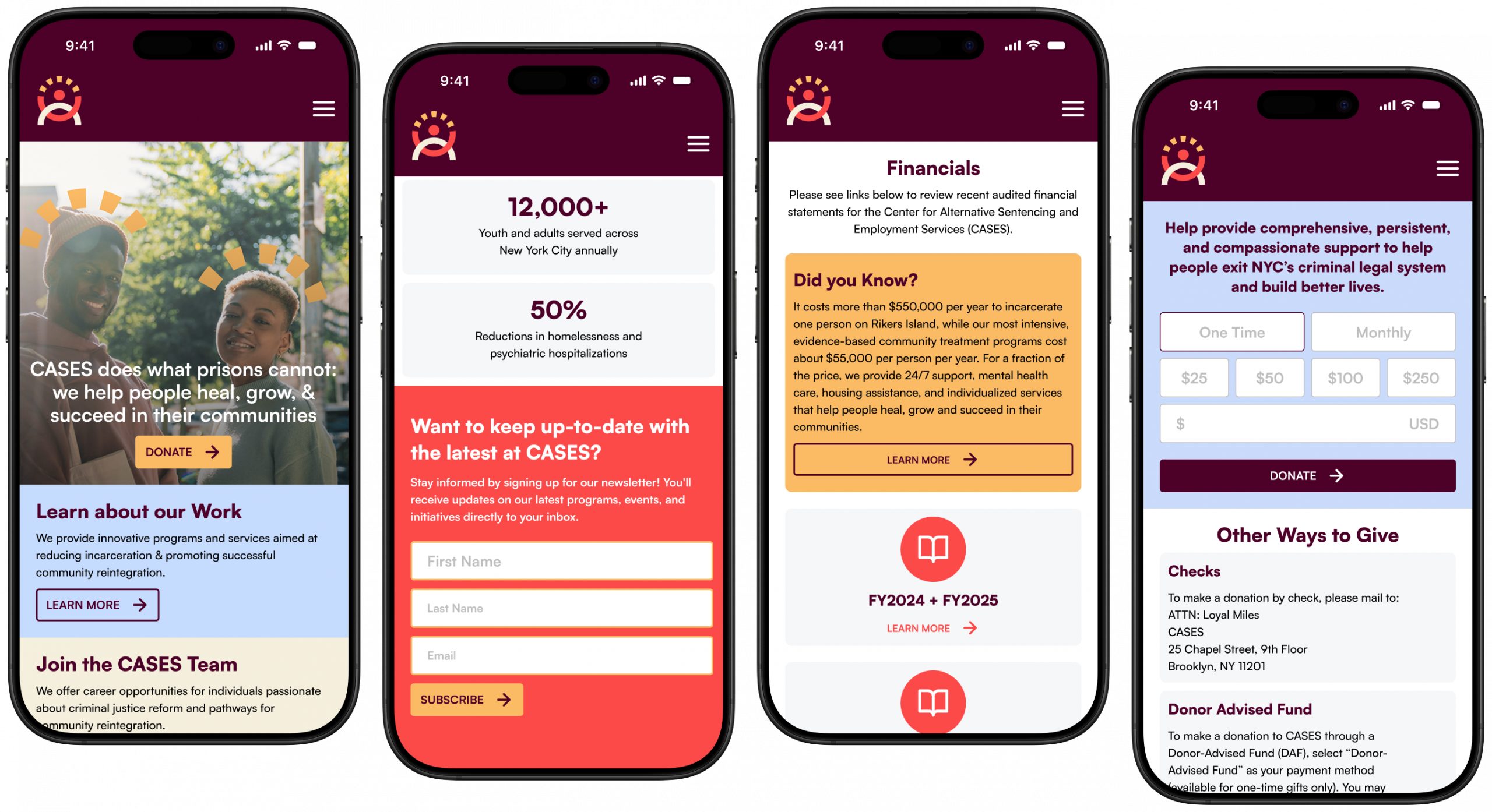 Four phone screens of the responsive CASES site: home, impact, financials and donation options