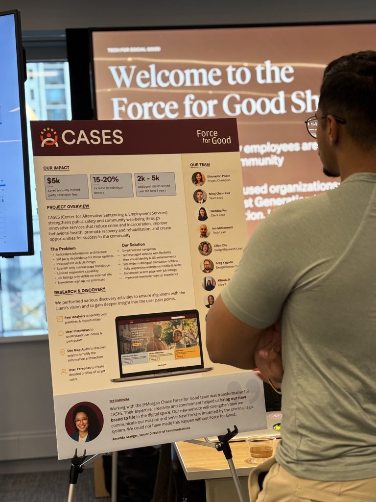 Presentation board displayed at the Force for Good showcase event