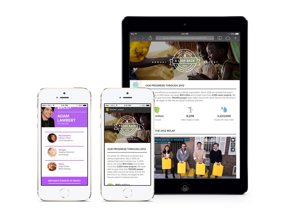 Annual report shown in responsive layouts on a tablet and two phones