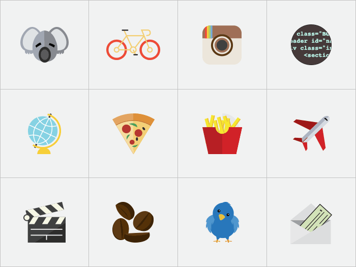 Grid of illustrated icons from the interactive annual report, including a bicycle, globe, pizza, airplane and coffee beans