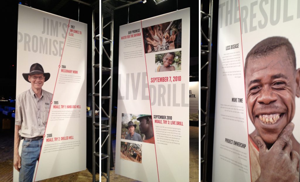 Exhibition panels telling the story of a well-drilling team, with portraits