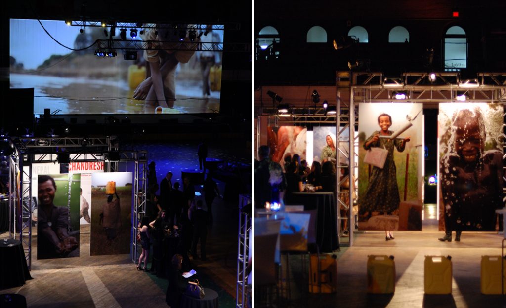Two views of the exhibition: a screen above the floor and an installation with jerry cans