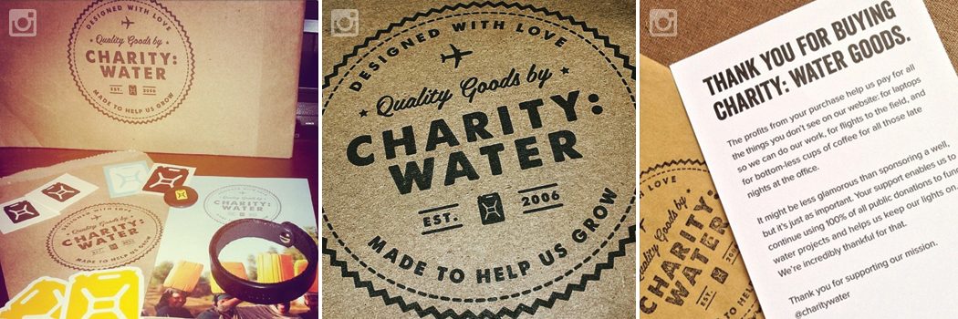 Social photos of charity: water branded goods: a stamped seal, packaging and a thank-you card