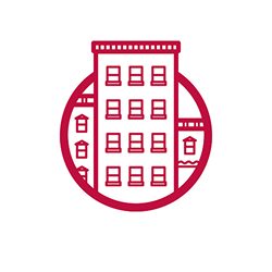 Dow Global Challenges icon: an apartment building inside a crimson circle