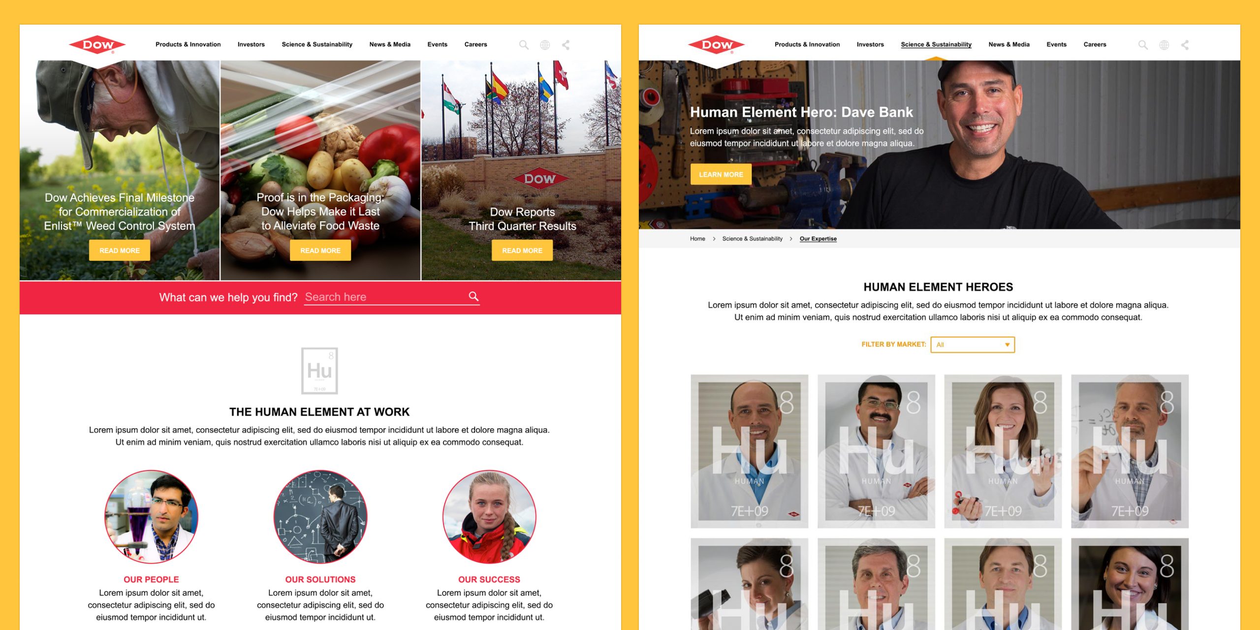 Two Dow.com page designs side by side: the home page with photo tiles and a search bar, and a Human Element Heroes profile page with a grid of portraits