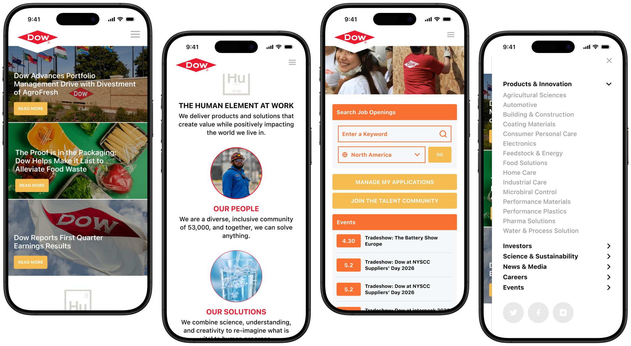 Four iPhone screens of the redesigned Dow.com: home page photo tiles, The Human Element at Work section, a careers search page and the expanded navigation menu