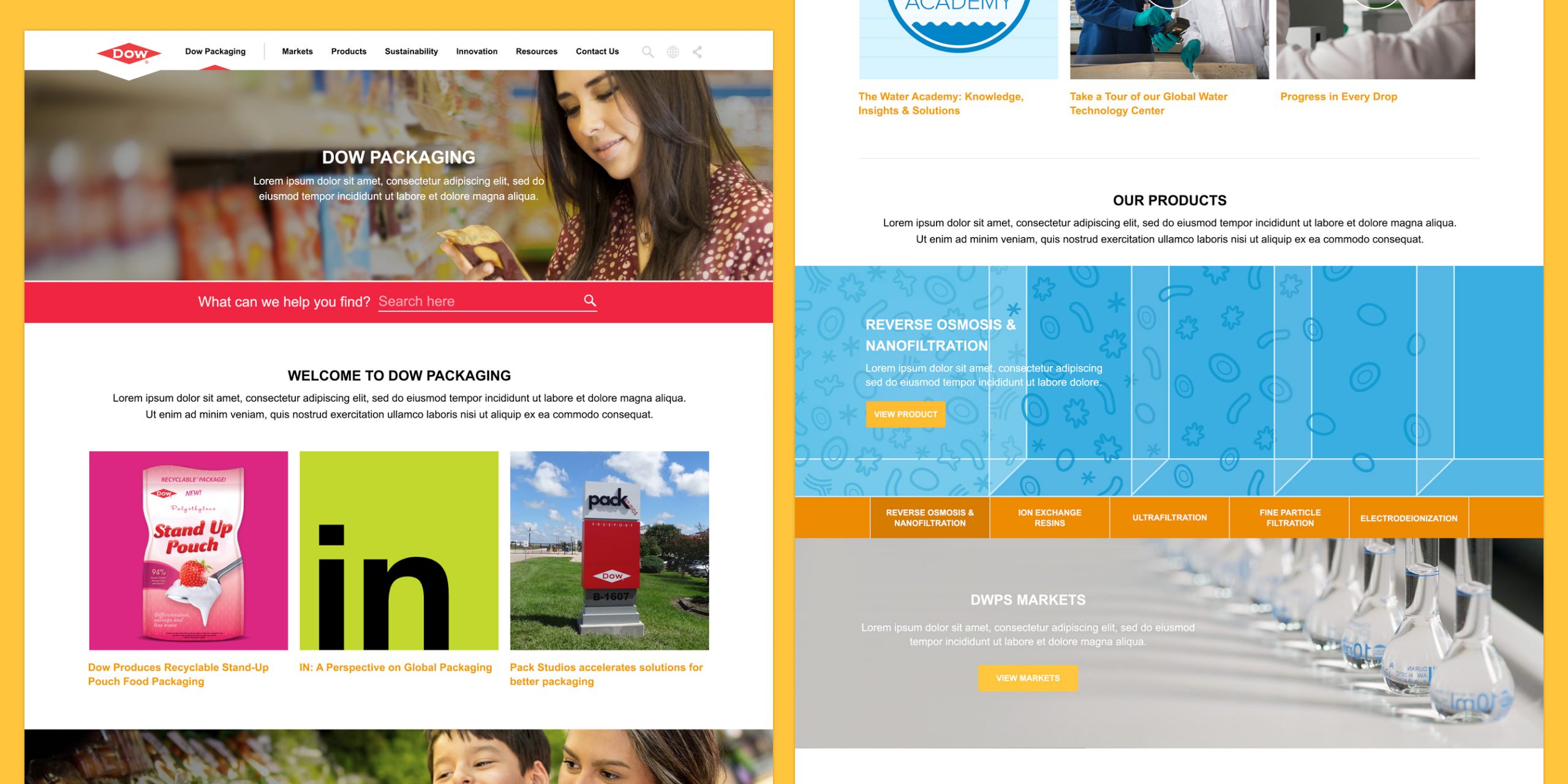 Two Dow business-site page designs: Dow Packaging with a hero image, search bar and product tiles, and a products page with blue and orange sections