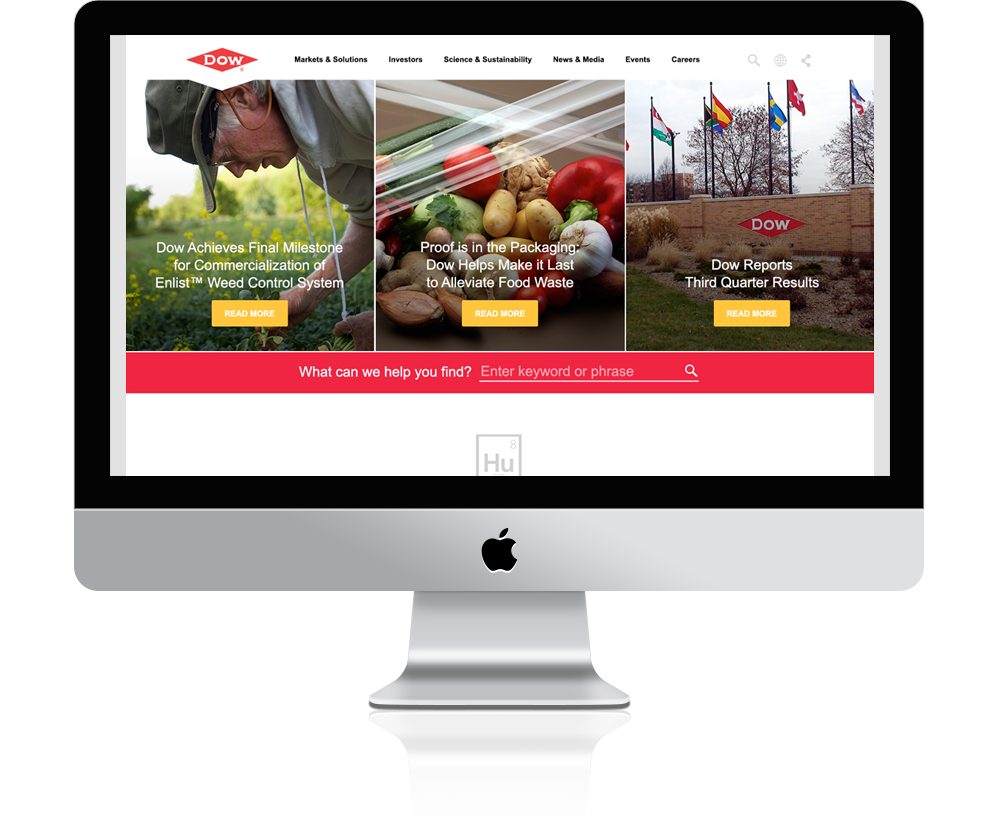 Redesigned Dow.com home page shown on an iMac display
