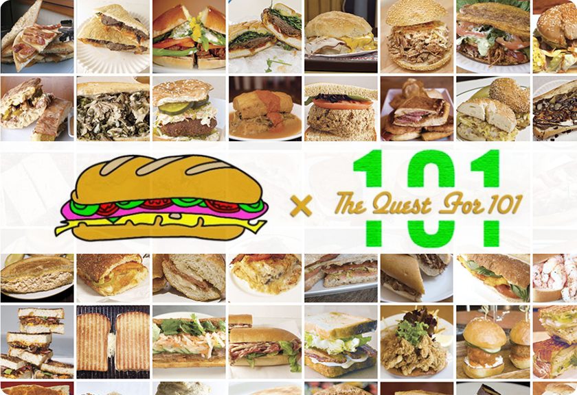 The Quest for 101: a collage of sandwiches with the Quest for 101 logo