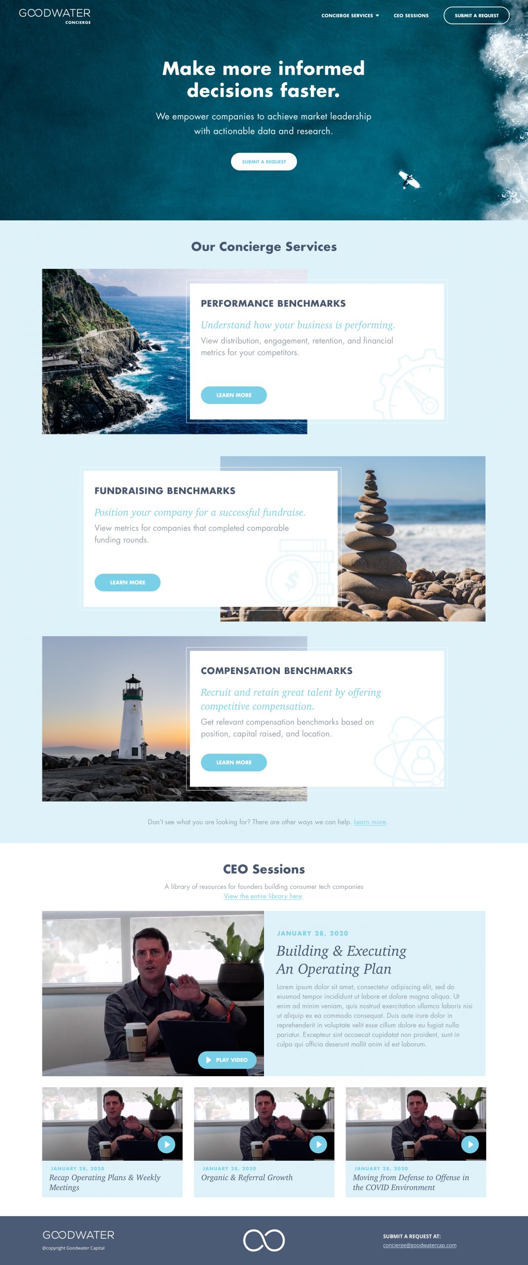 Concierge website home page listing the three core services and CEO sessions