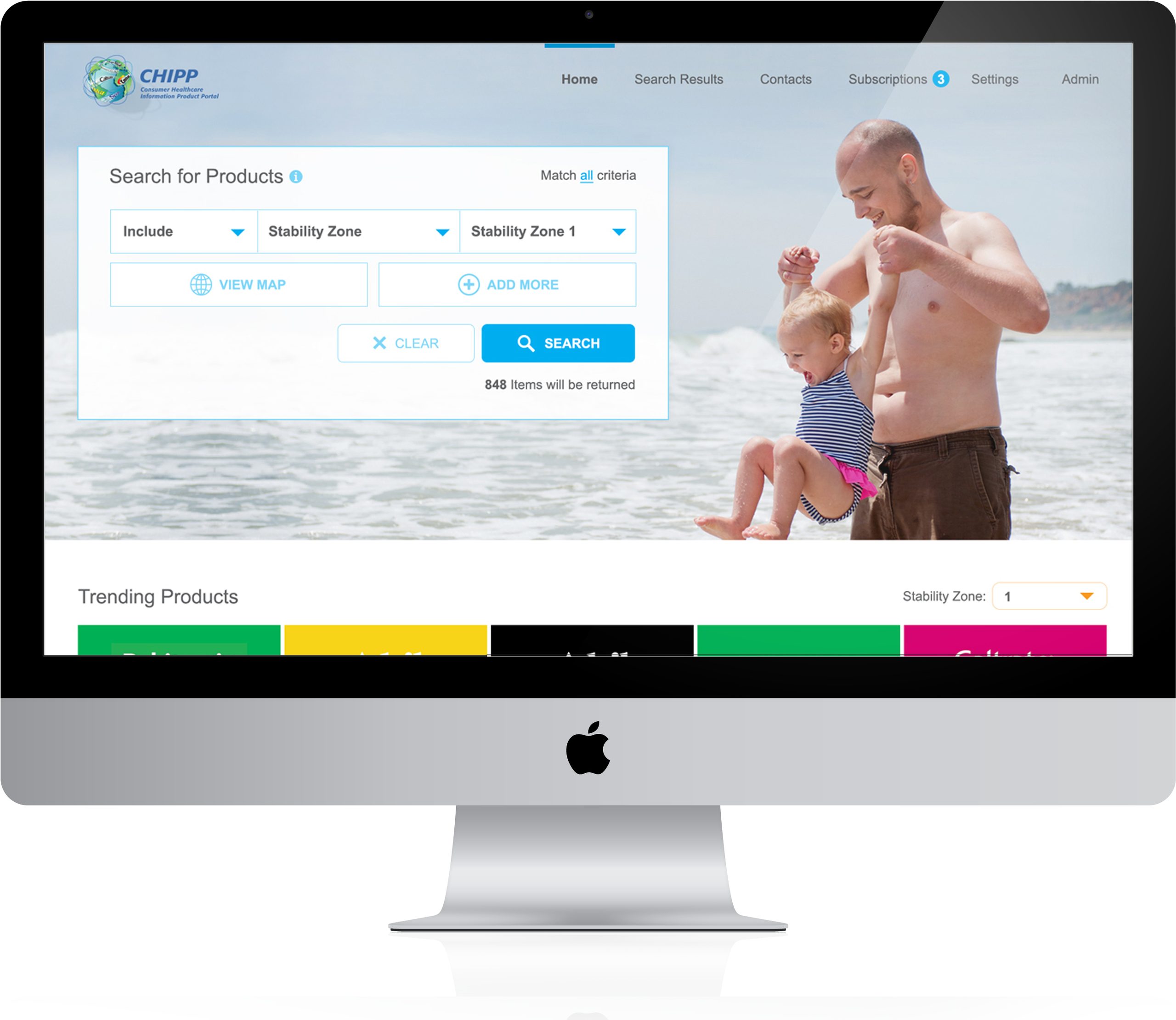 CHIPP home page on a desktop display, with a product search over a beach photograph