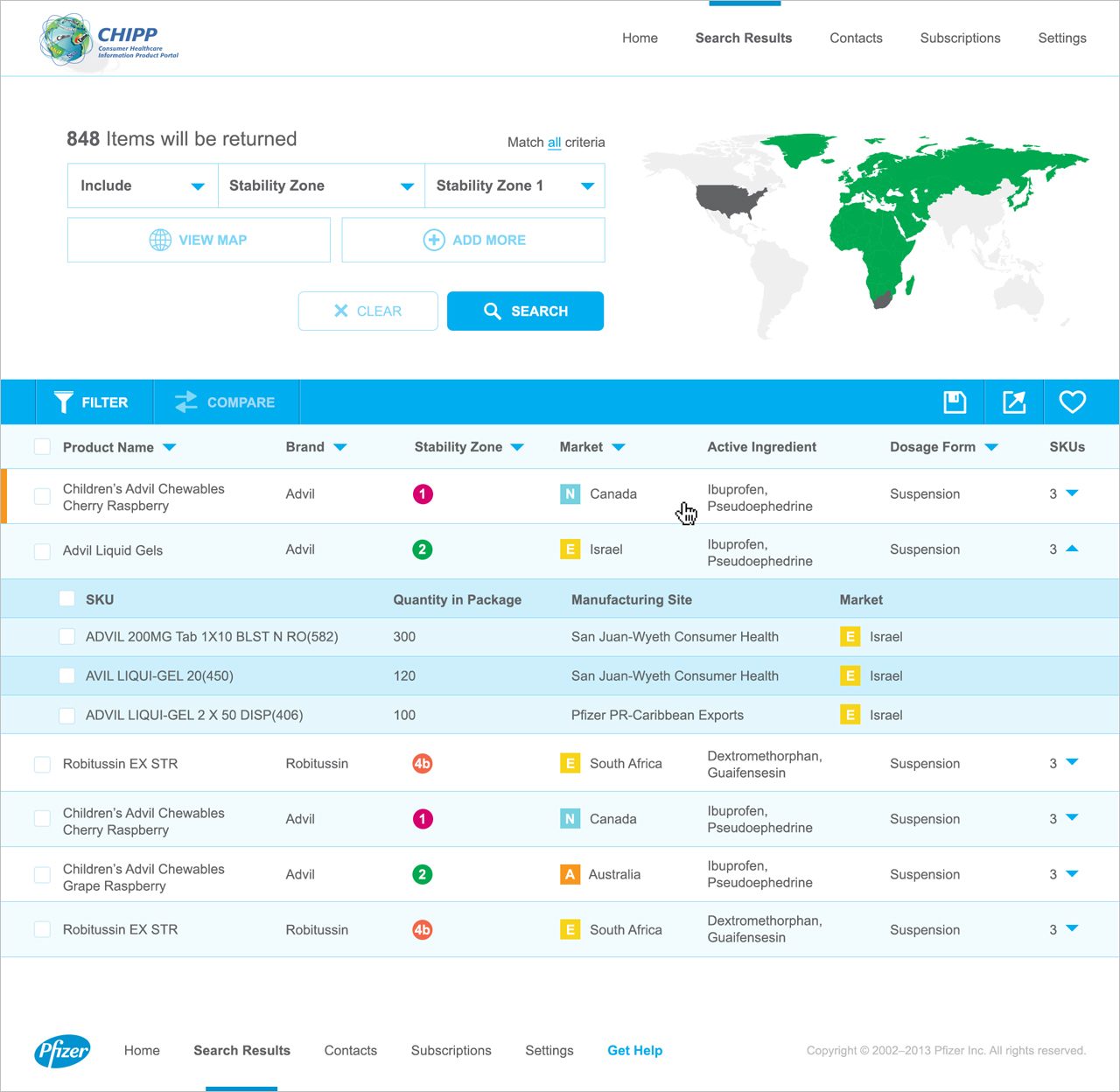 CHIPP search results showing 848 items with a world map and a filterable product table