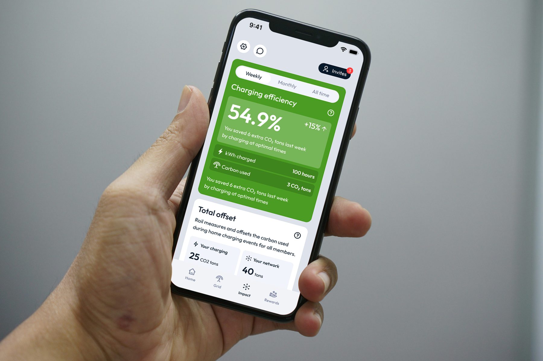 Hand holding a phone showing the Roil app charging efficiency dashboard