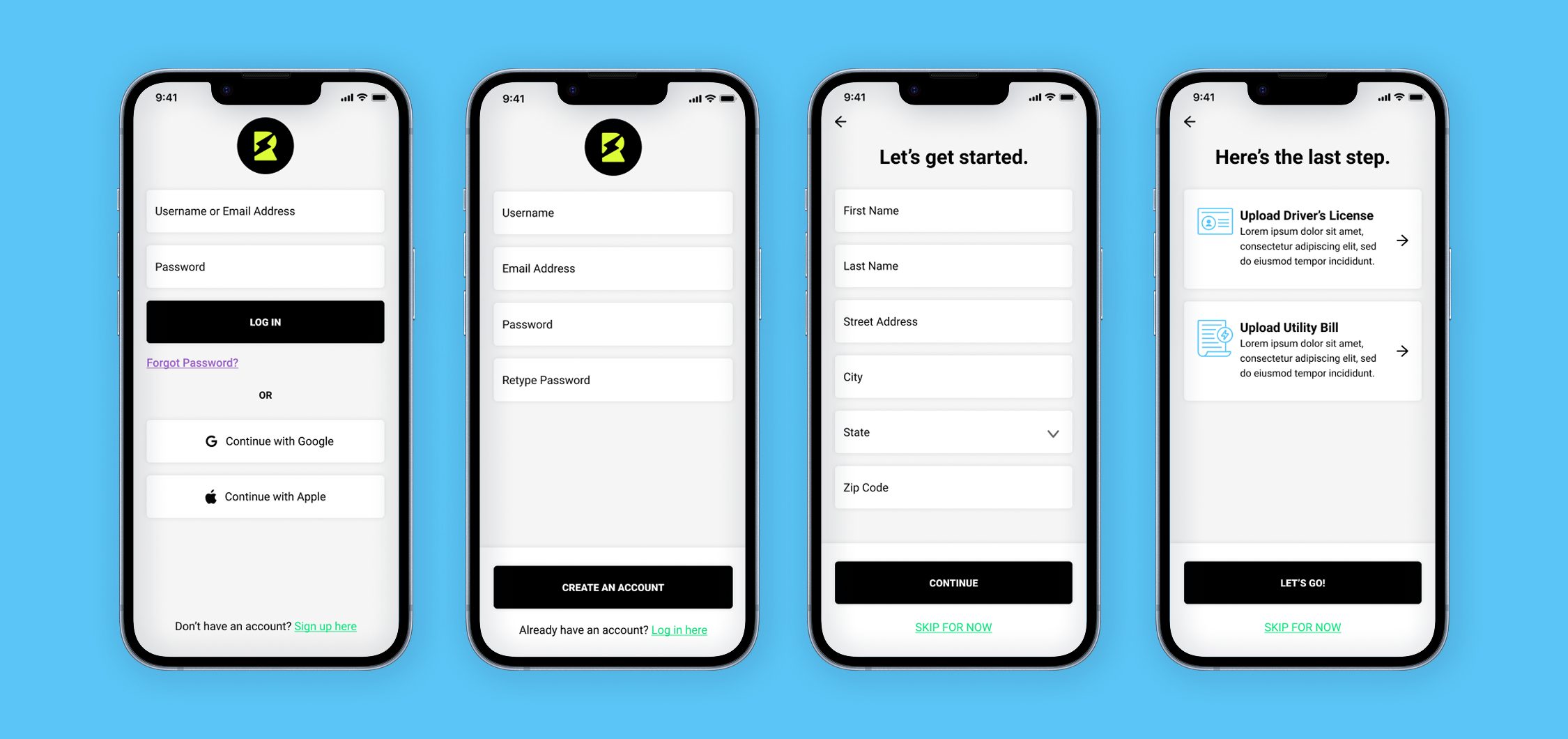 Roil onboarding screens for logging in, signing up, creating an account and uploading documents