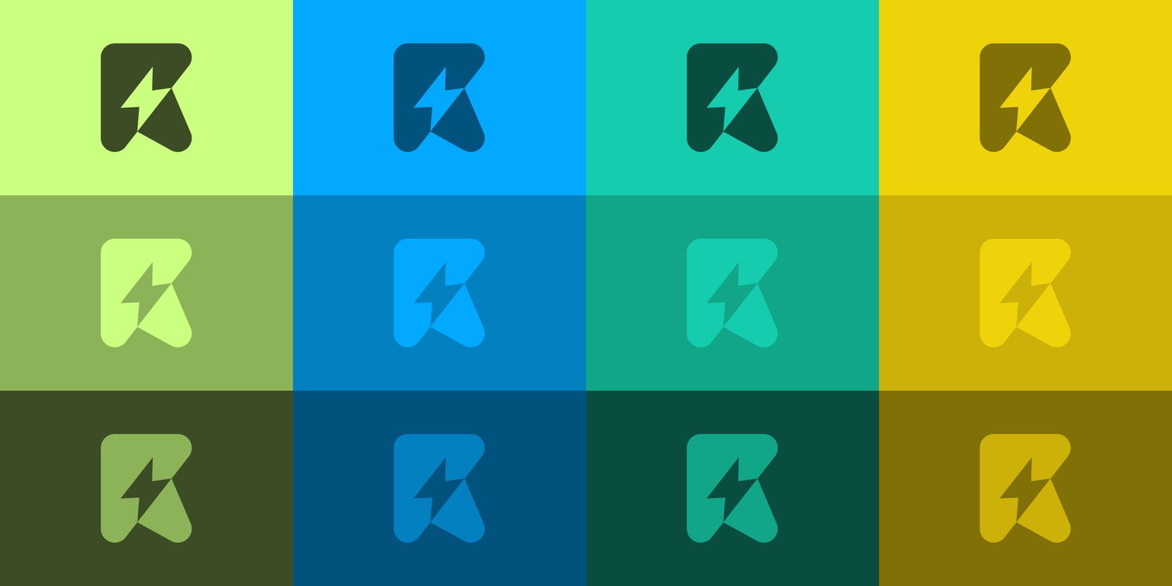 Roil monogram shown in a grid of color variations