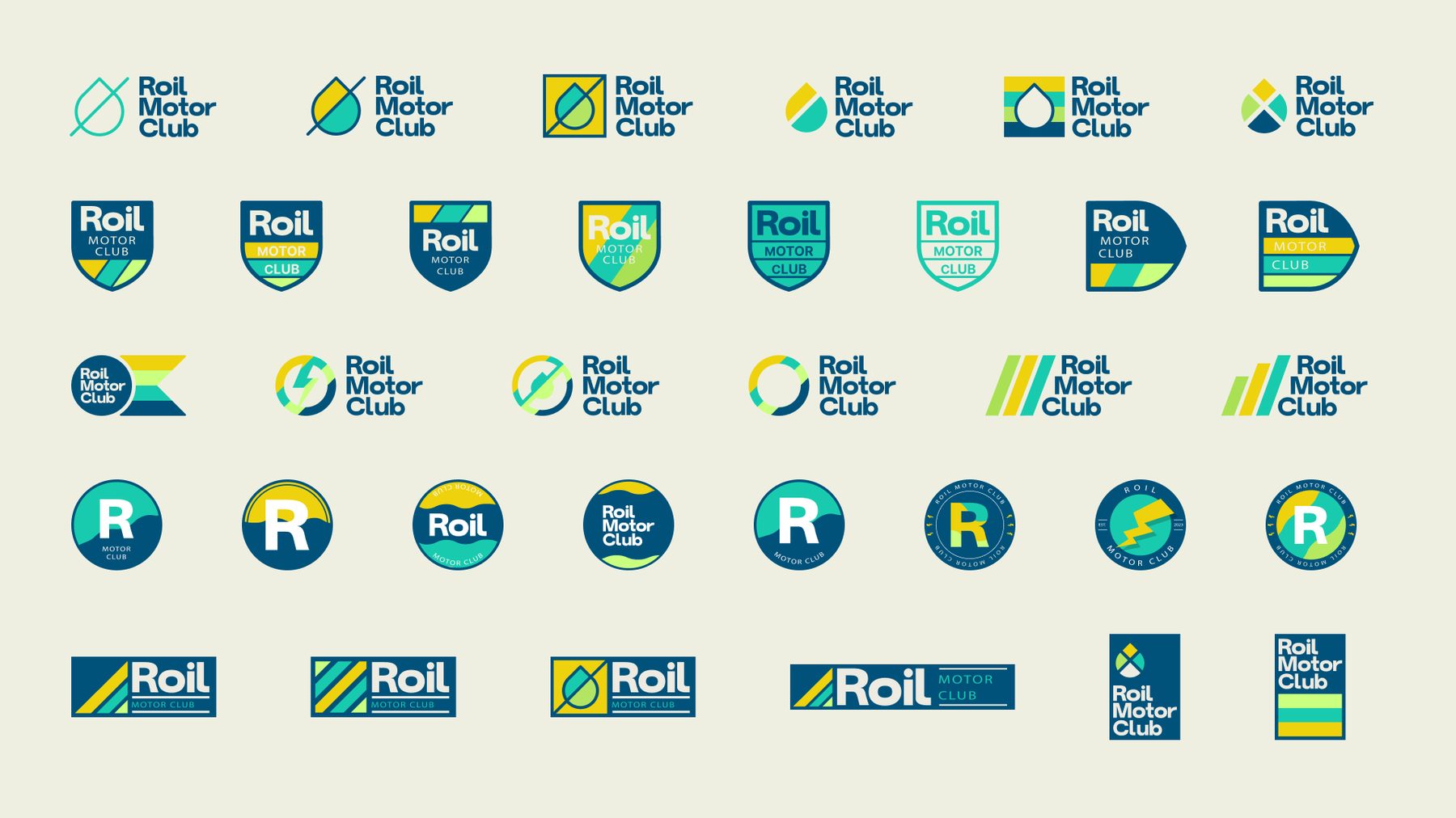 Roil Motor Club logo exploration with shields, badges and wordmark lockups