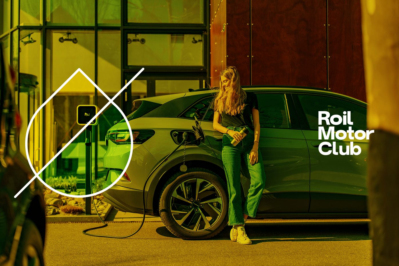 Woman charging an EV beside the Roil Motor Club logo and crossed-out oil drop