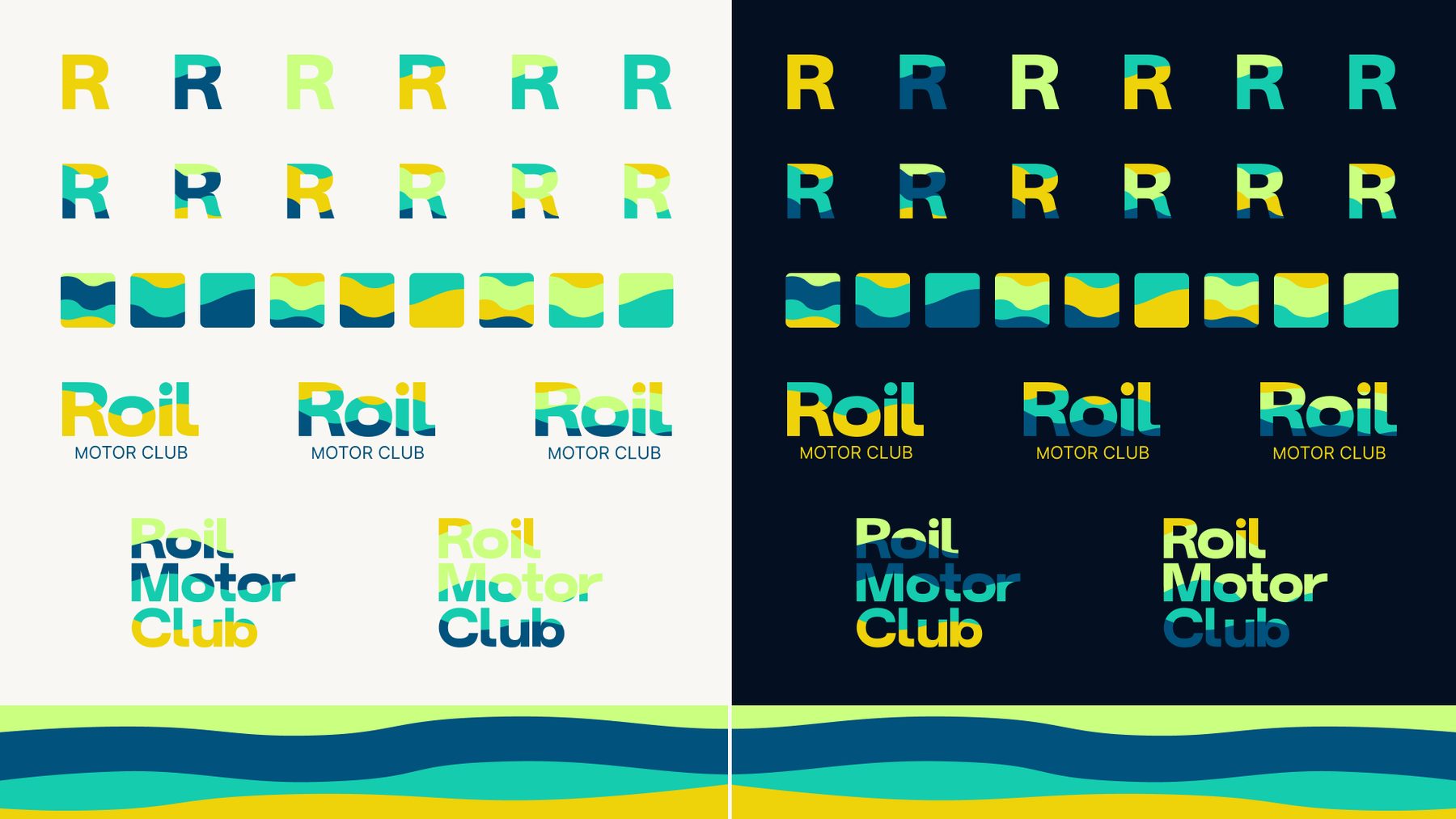 Roil Motor Club logo set on light and dark backgrounds with a wave pattern