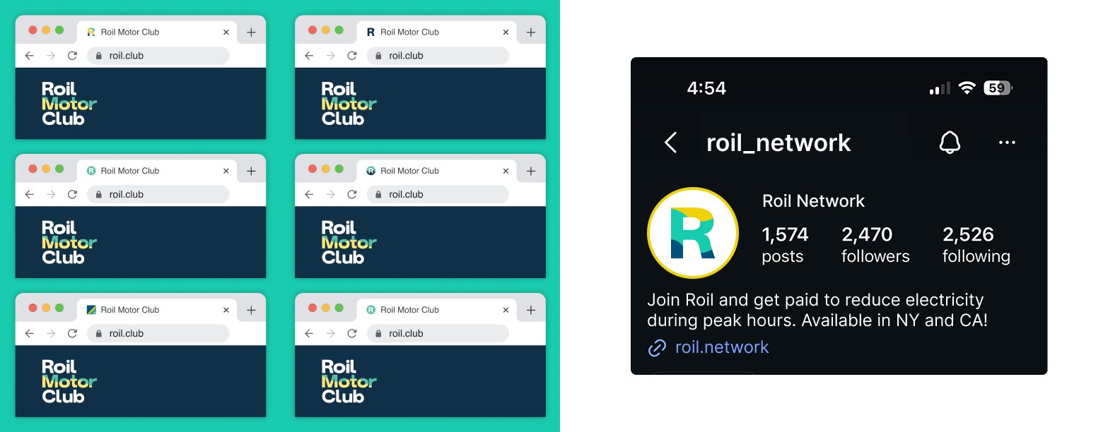 Roil browser tab icons and social profile shown on a phone
