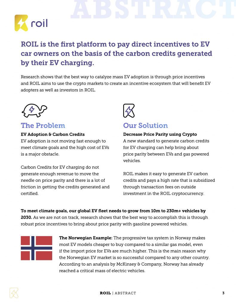 Roil abstract page describing the problem and solution for EV adoption through carbon credits