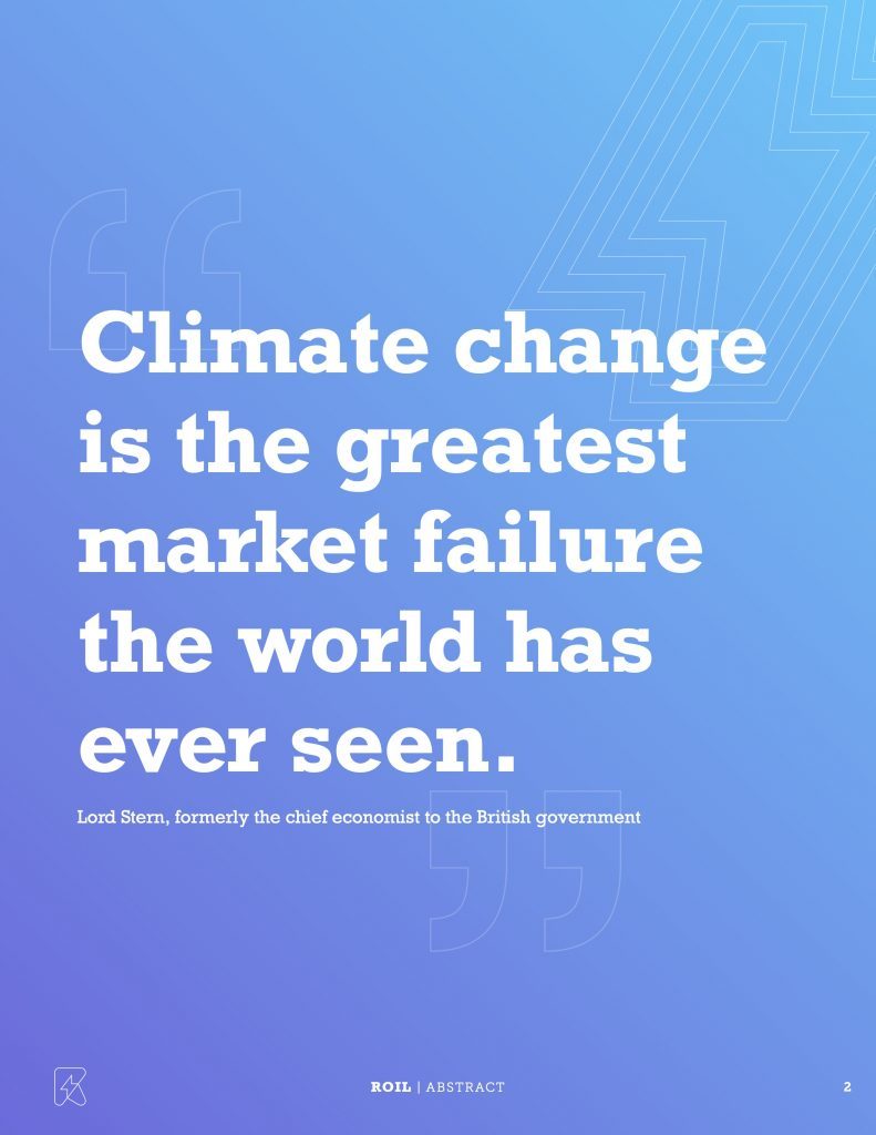 Roil abstract quote page reading "Climate change is the greatest market failure the world has ever seen"