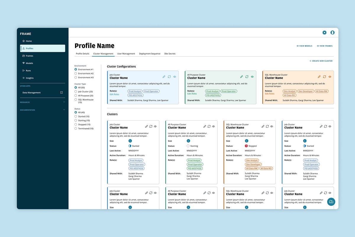 FRAME profile management screen