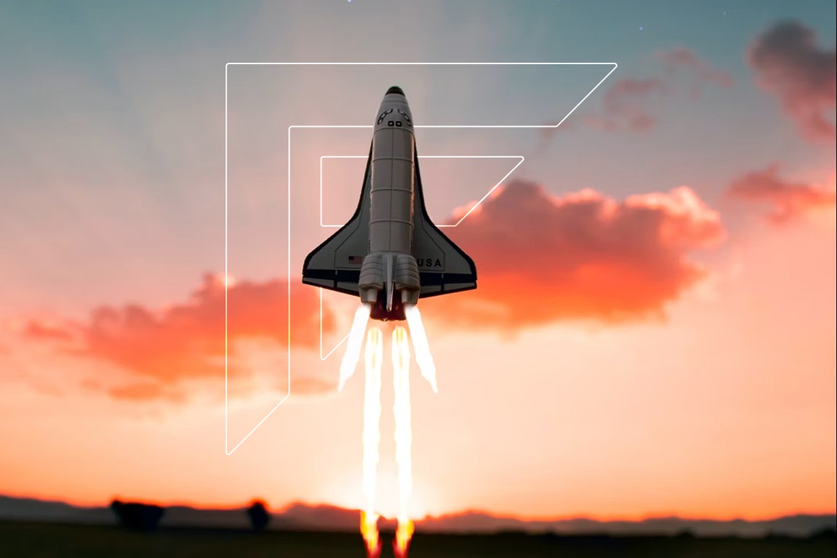 FRAME artwork: a shuttle launching at sunset inside the FRAME wordmark outline