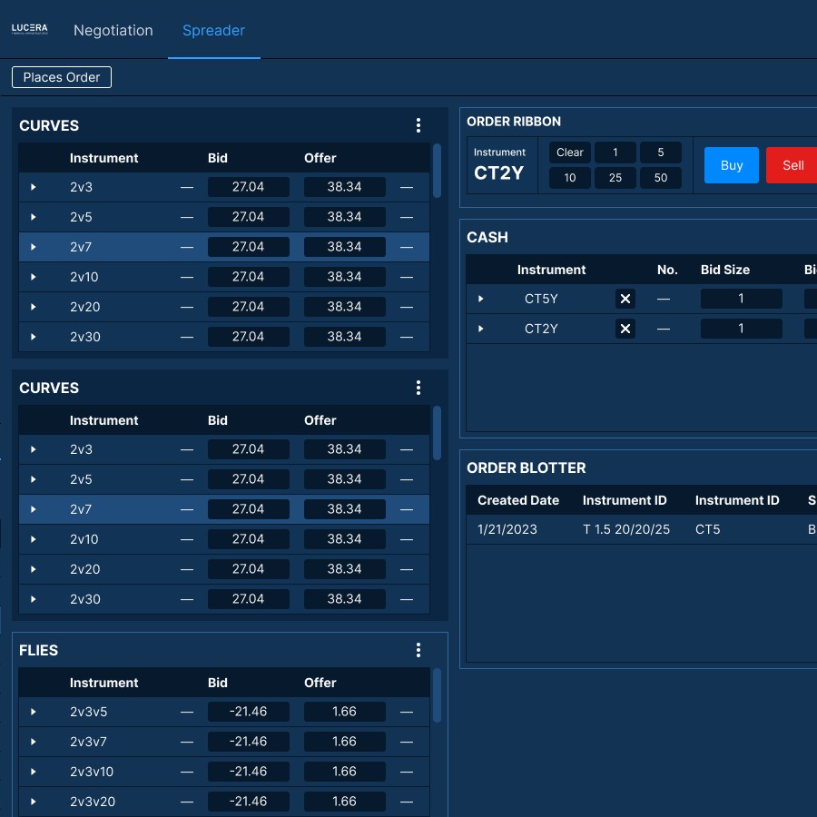 Lucera Spreader trading screen with curves, order ribbon, cash and order blotter panels
